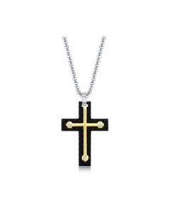 Mens Stainless Steel Black Carbon Fiber & Gold Cross Necklace