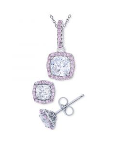 2-Pc. Set White & Pink Cubic Zirconia Square Halo Pendant Necklace & Matching Stud Earrings in Sterling Silver