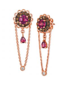 Raspberry Rhodolite (1-1/3 ct. t.w.), Chocolate Diamonds (3/8 ct. t.w.) & Nude Diamonds (1/20 ct. t.w.) Linear Drop Earrings in 14k Rose Gold