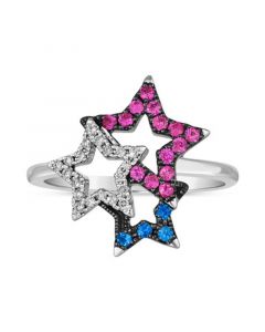 Multi-Gemstone (1/4 ct. t.w.) & Vanilla Diamond (1/10 ct. t.w.) Triple Star Statement Ring in 14k White Gold