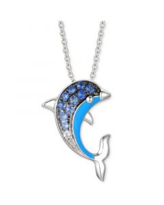 Denim Ombré (1/5 ct. t.w.) & White Sapphire Accent Dolphin Blue Enamel Pendant Necklace in 14k White Gold, 18" + 2" extender