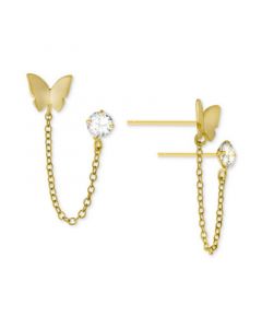 Cubic Zirconia & Butterfly Double Piercing Chain Earrings in Gold-Plated Sterling Silver, Created for Macy's