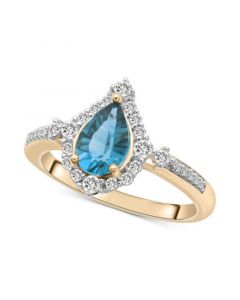 London Blue Topaz (1-1/10 ct. t.w.) & Diamond (1/4 ct. t.w.) Pear Halo Ring in 14k Gold