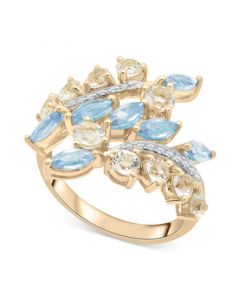 Blue Topaz (1-1/2 ct. t.w.), White Topaz (1-1/2 ct. t.w.) & Diamond (1/10 ct. tw) Leaves Ring in 14k Yellow Gold