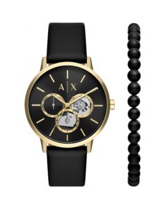 Men's Multifunction Black Leather Strap Watch, 42mm and Black Onyx Beaded Bracelet Set