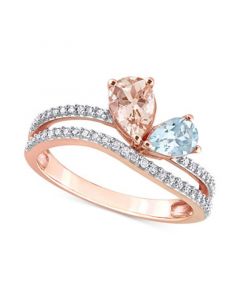 Morganite (3/4 ct. t.w.), Aquamarine (3/8 ct. t.w.) & Diamond (1/4 ct. t.w.) Double Row Ring in 10k Rose Gold