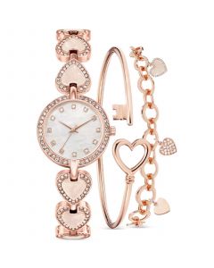 Women's Rose Gold-Tone Heart Link Bracelet Watch 28mm Gift Set