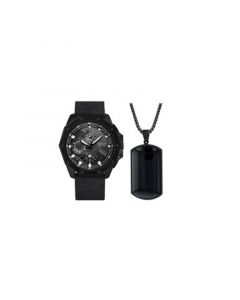 Men's Analog Matte Black Leather Watch 48mm Gift Set, 2 Pieces