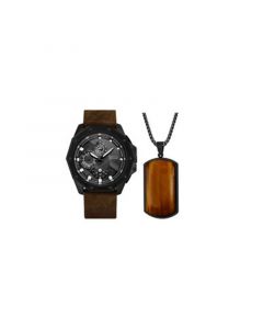 Men's Analog Brown Leather Watch 48mm Gift Set, 2 Pieces