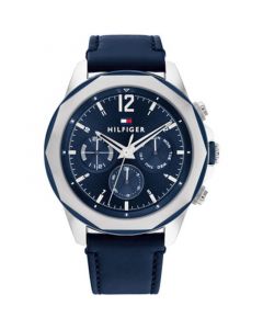 Men's Multifunction Navy Blue Leather Strap Watch 46mm