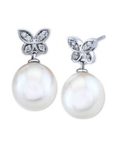 Cultured Freshwater Pearl (9mm) and Diamond (1/10 ct. t.w.) Butterfly Drop Earrings in 14k White Gold