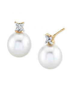 Cultured Freshwater Pearl (9mm) & Diamond (1/10 ct. t.w.) Stud Earrings in 14k Gold