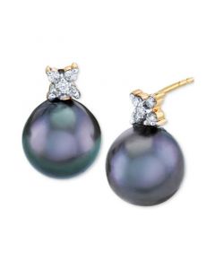 Cultured Tahitian Pearl (9mm) & Diamond (1/10 ct. t.w.) Stud Earrings in 14k Gold