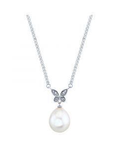 Cultured Freshwater Pearl (11mm) & Diamond Accent Butterfly 16" Pendant Necklace 14k White Gold