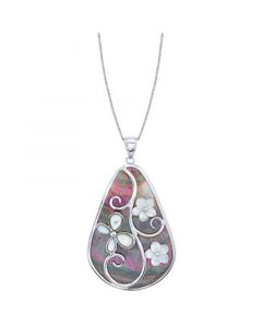 Black & White Mother of Pearl Flower 18" Pendant Necklace in Sterling Silver