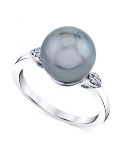 Cultured Tahitian Pearl (10mm) & Diamond Accent Ring in 10k White Gold