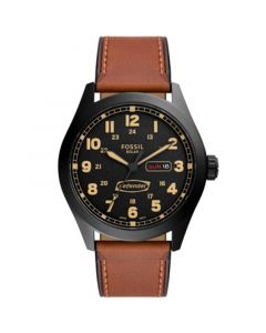 Men's Defender Solar Brown Leather Strap Watch, 46mm