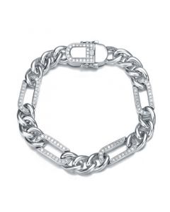 Men's Sterling Silver White Gold Plated with Iced Out Cubic Zirconia Paper Clip Curb Chain Bracelet