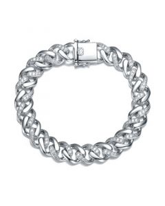 Men's White Gold Plated with Iced Out Cubic Zirconia Curb Chain Bracelet in Sterling Silver