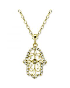 Cubic Zirconia Hamsa Hand Openwork Pendant Necklace in 14k Gold-Plated Sterling Silver, 16" + 2" extender, Created for Macy's