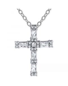 Cubic Zirconia Baguette & Round Cross Pendant Necklace, 16" + 2" extender, Created for Macy's