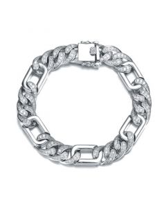 Men's Sterling Silver White Gold Plated with Iced Out Cubic Zirconia Oblong Curb Chain Bracelet