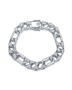 Men's Sterling Silver White Gold Plated with Iced Out Cubic Zirconia Mixed Cuban Chain Bracelet