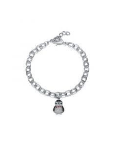 White Gold Plated with Ruby Red, Black and White Cubic Zirconia Bird Charm Bracelet in Sterling Silver