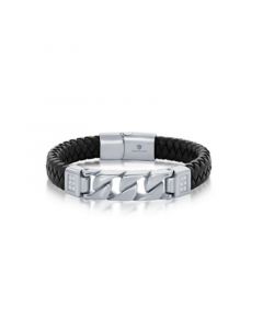 Mens Stainless Steel Genuine Black Leather Curb Link Bracelet