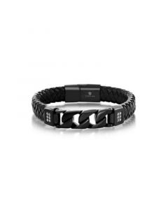 Mens Stainless Steel Genuine Black Leather Black Curb Link w/ CZ Bracelet