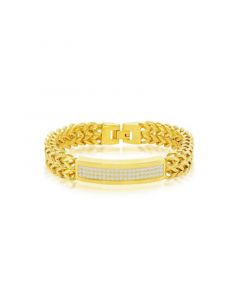 Mens Stainless Steel Triple Row CZ ID Double Franco Bracelet - Gold Plated