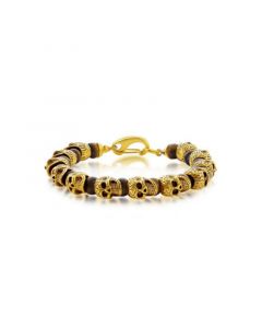 Mens Stainless Steel Genuine Tiger Eye Beads Skull Bracelet - Gold Plated