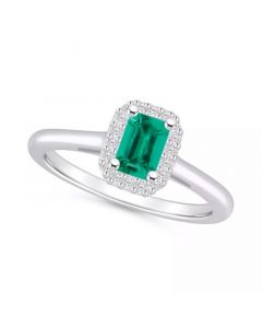 Emerald (1/2 ct. t.w.) & Diamond (1/8 ct. t.w.) Emerald-Cut Halo Ring in 14k Gold (Also in Ruby & Sapphire)