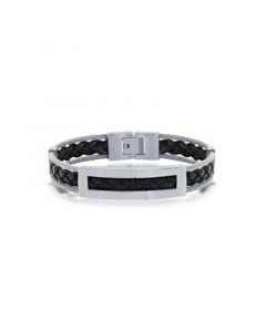 Mens Stainless Steel Leather Cable Bracelet - Black & Silver