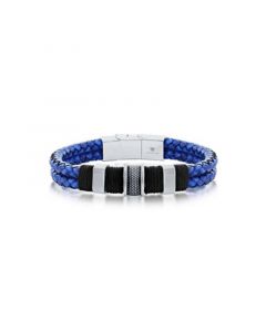 Mens Stainless Steel Double Strand Genuine Leather Bracelet - Blue