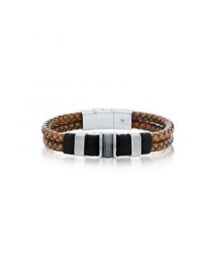 Mens Stainless Steel Double Strand Genuine Leather Bracelet - Brown