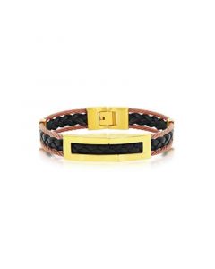 Mens Stainless Steel Leather Cable Bracelet - Gold & Copper Plating