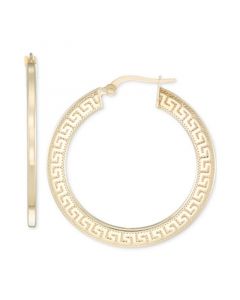 Greek Key Design Round Hoop Earrings in 10k Yellow Gold