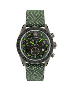 Men's Swiss Chronograph Greca Dome Black & Green Leather Strap Watch 43mm