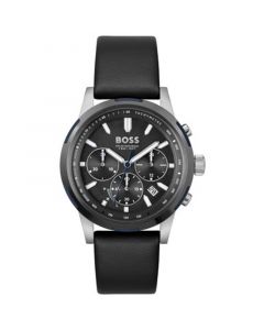 Men's Solgrade Solar Quartz Chronograph Black Leather Strap Watch 44mm