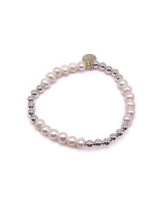 5mm Silver Ball and Freshwater Pearl Stretch Bracelet