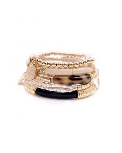 Non-Tarnishing Gold filled, 5mm Gold Ball, Brushed Gold Disc and Acrylic Stretch Bracelet Stack, 5 Pieces