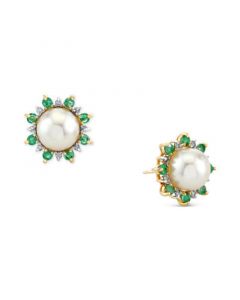 Cultured Freshwater Pearl (8mm), Emerald (5/8 ct. t.w.) & Diamond (1/8 ct. t.w.) Stud Earrings in 10k Gold