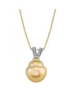 Baroque Cultured Golden South Sea Pearl (11mm) & Diamond Accent 18" Pendant Necklace in 14k Gold