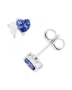 Blue and White Cubic Zirconia Heart Stud Earrings in Sterling Silver or 14k Gold over Sterling Silver