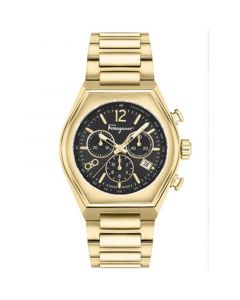 Men's Swiss Chronograph Tonneau Gold Ion Plated Stainless Steel Bracelet Watch 42mm