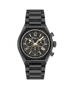 Men's Swiss Chronograph Tonneau Black Ion Plated Stainless Steel Bracelet Watch 42mm