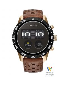 Unisex CZ Smart Wear OS Brown Perforated Leather Strap Smart Watch 45mm