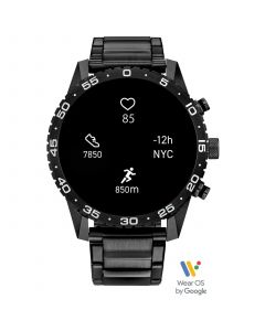 Unisex CZ Smart Wear OS Black-Tone Stainless Steel Bracelet Smart Watch 45mm