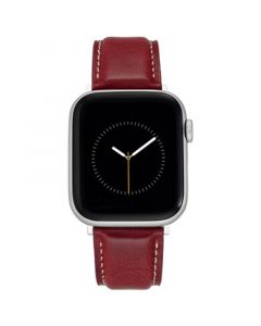 Burgundy Smooth Leather Strap with Contrast Stitching and Silver-Tone Stainless Steel Lugs for 42mm, 44mm, 45mm, Ultra 49mm Apple Watch